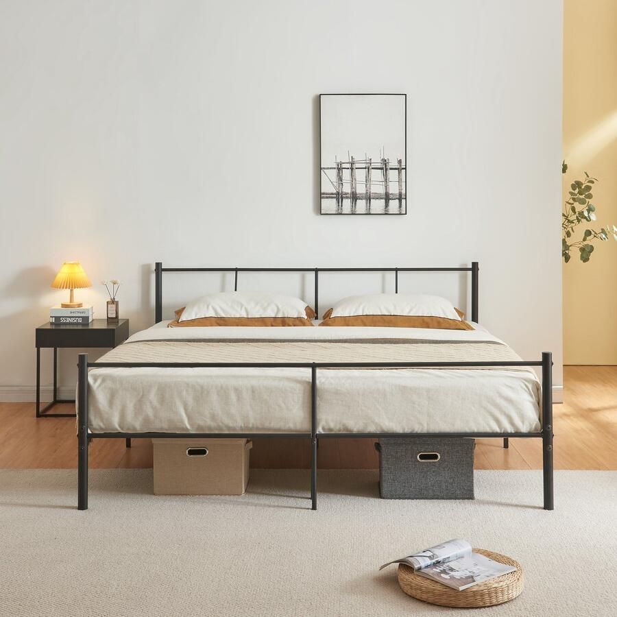 En.casa Stalen bed Laos bedframe met bedbodem zwart 180x200 cm