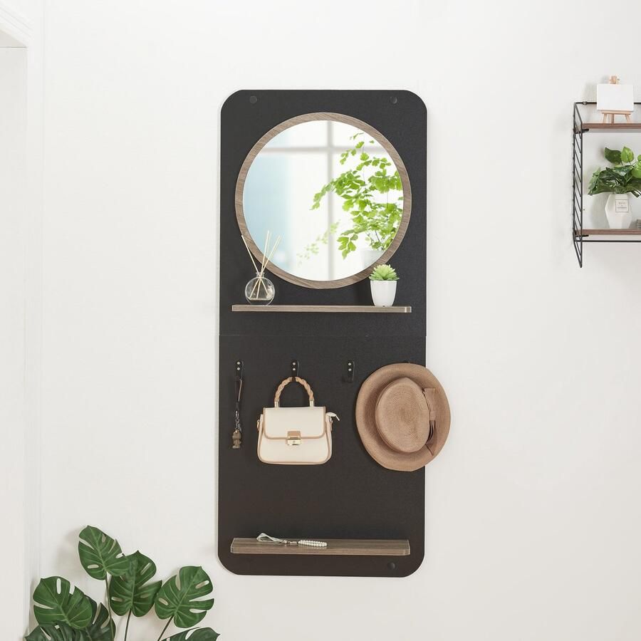 En.casa Wandkapstok Helsinge met spiegel en planken 140x59 5x16 cm zwart en houtkleurig [ ]