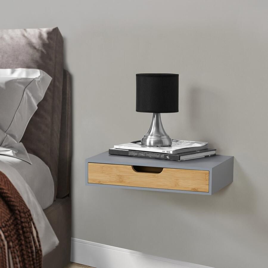 En.casa Wandplank set van 2 met lade Bokn bamboe 40x24x8 cm grijs [ ]