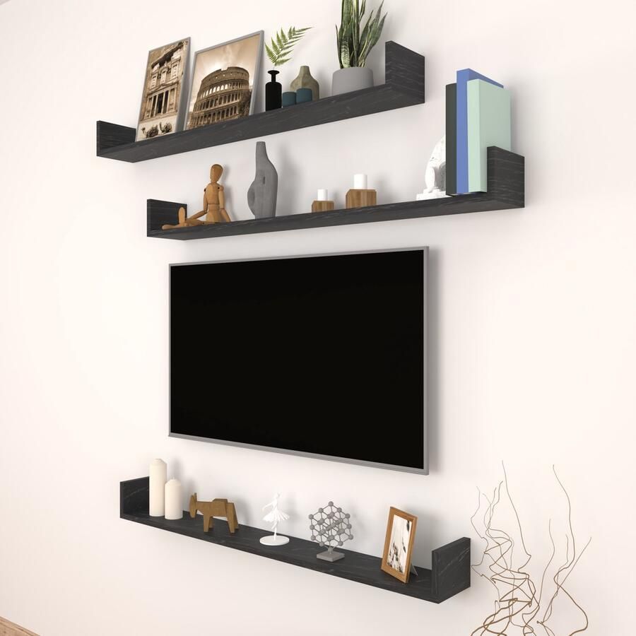 En.casa Wandplank set van 3 Höganäs 12x120x15 cm marmer zwart