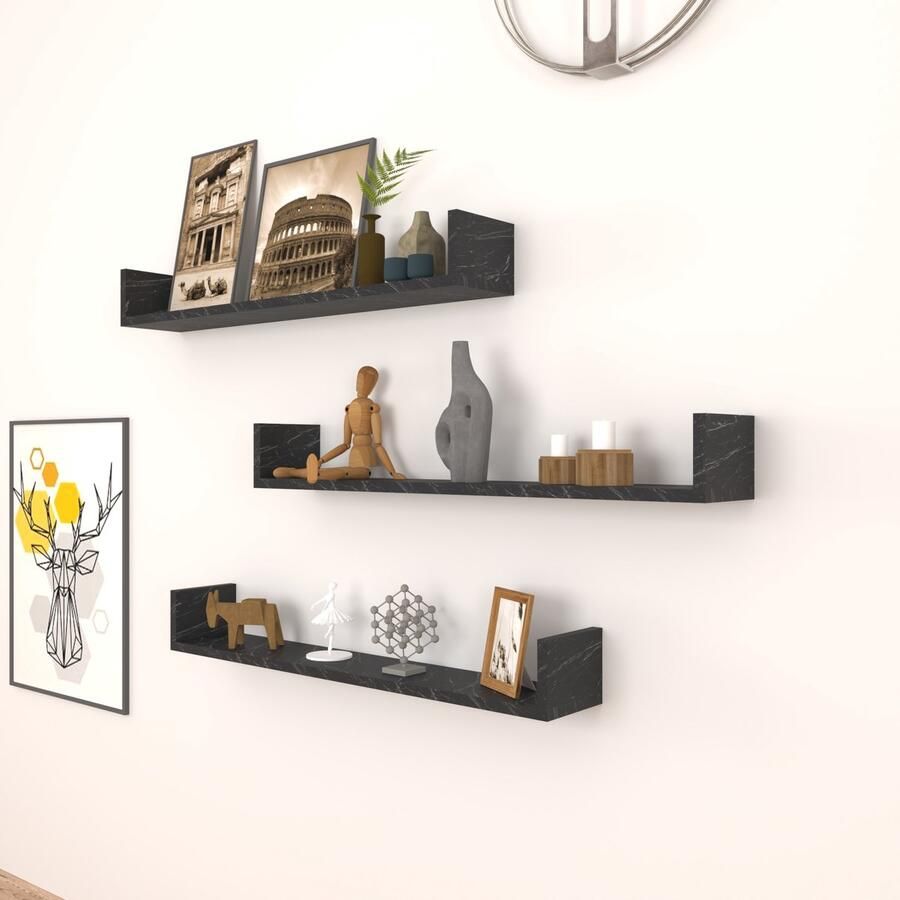 En.casa Wandplank set van 3 Höganäs 12x90x15 cm marmer zwart