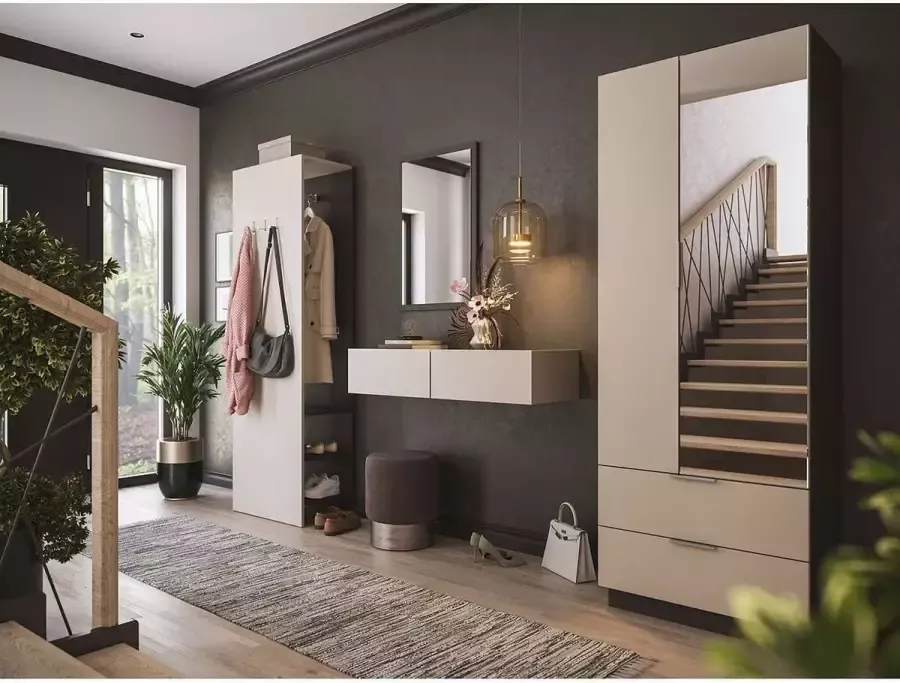 En.casa Garderobeset Gang Crème-Grijs -XL 4-delig Paneel Console Softclose Spiegel B H D: 274 7x188x38cm