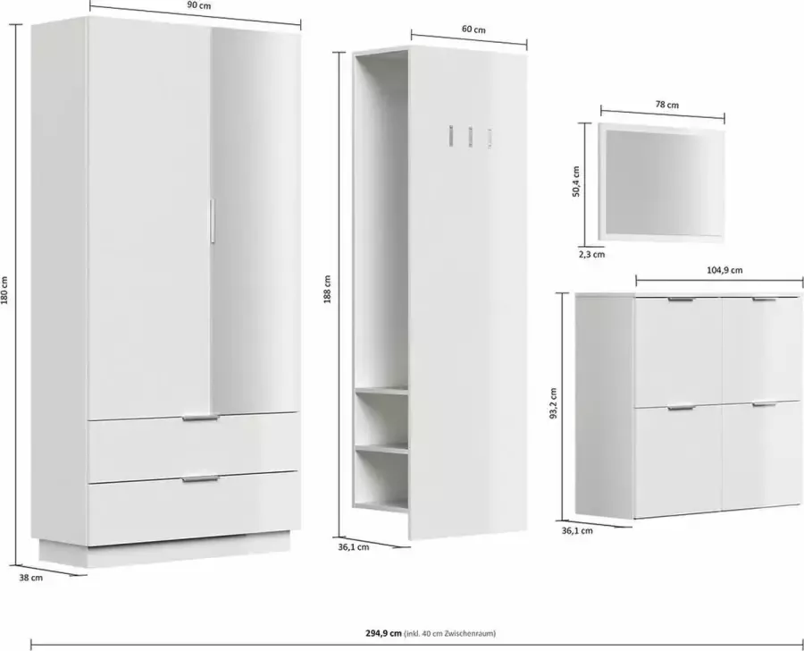 En.casa Garderobeset wit hoogglans -L 4-delig hal kast paneel spiegel kiepbak B H D: 294 9x188x38cm