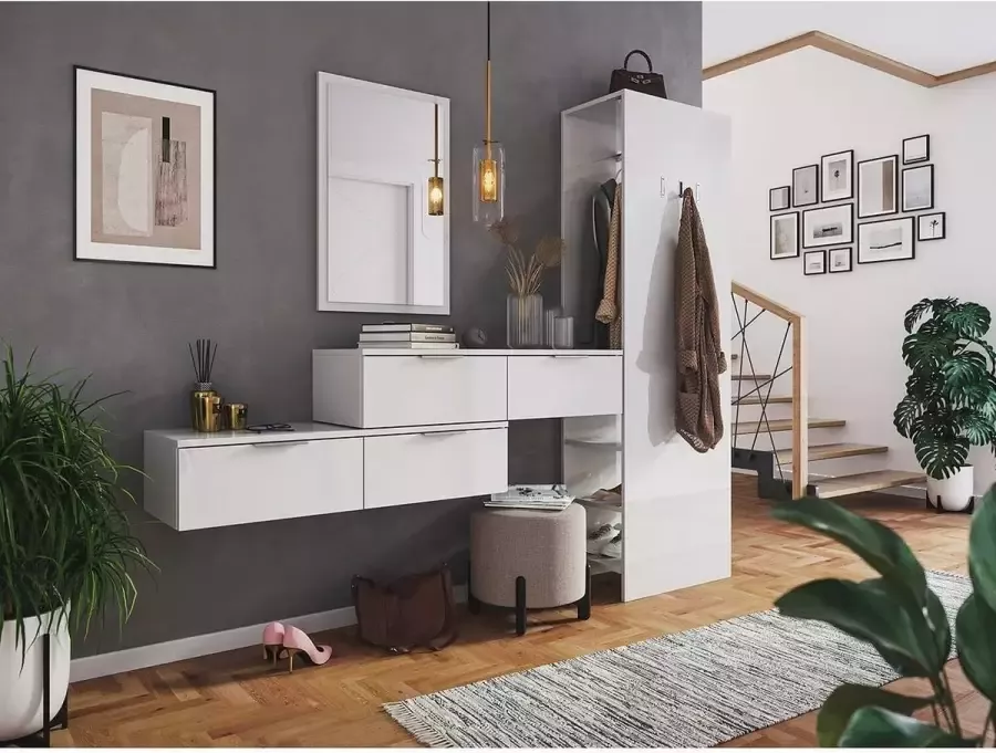 En.casa Garderobeset wit hoogglans -L 4-delig paneel 2 nachtkastjes softclose spiegel 207 4x188x36 1cm