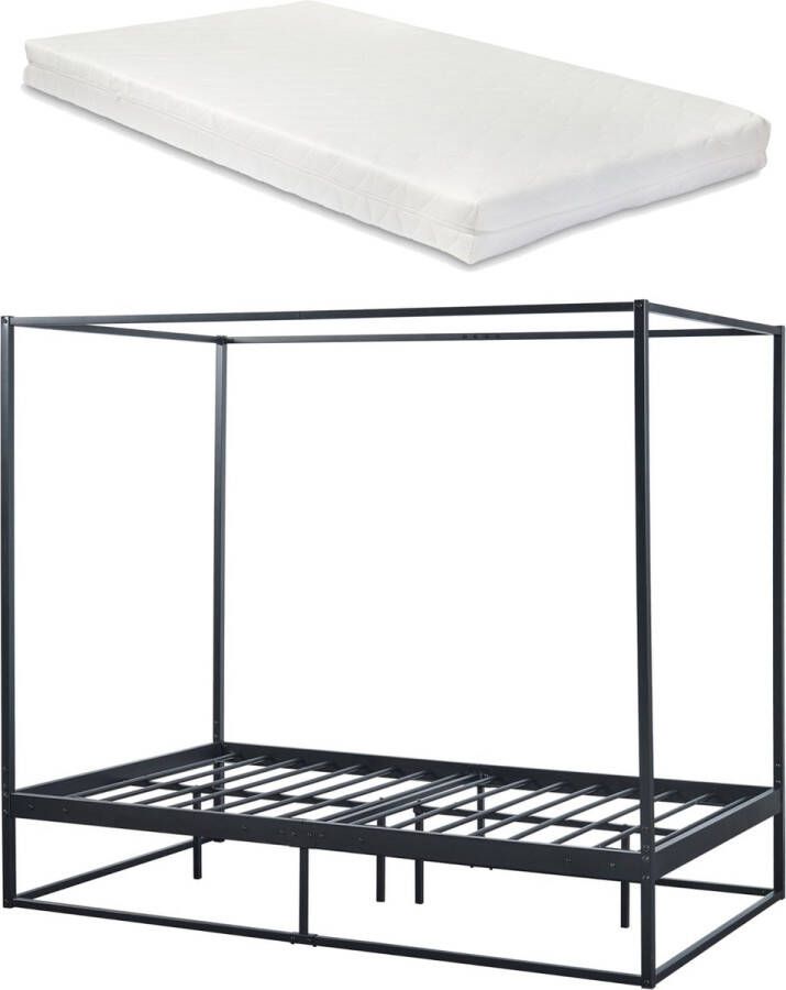 En.casa Hemelbed Kristianstad met bedbodem en matras 120x200 cm zwart