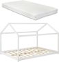 En.casa Kinderbed twijfelaar huisbed met matras 140x200 cm wit - Thumbnail 1