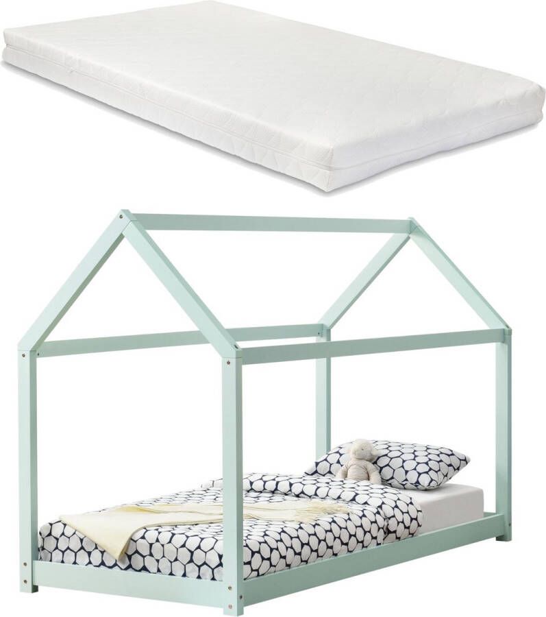 en.casa Kinderbed huisbed 200x90 met matras Mint groen mat gelakt