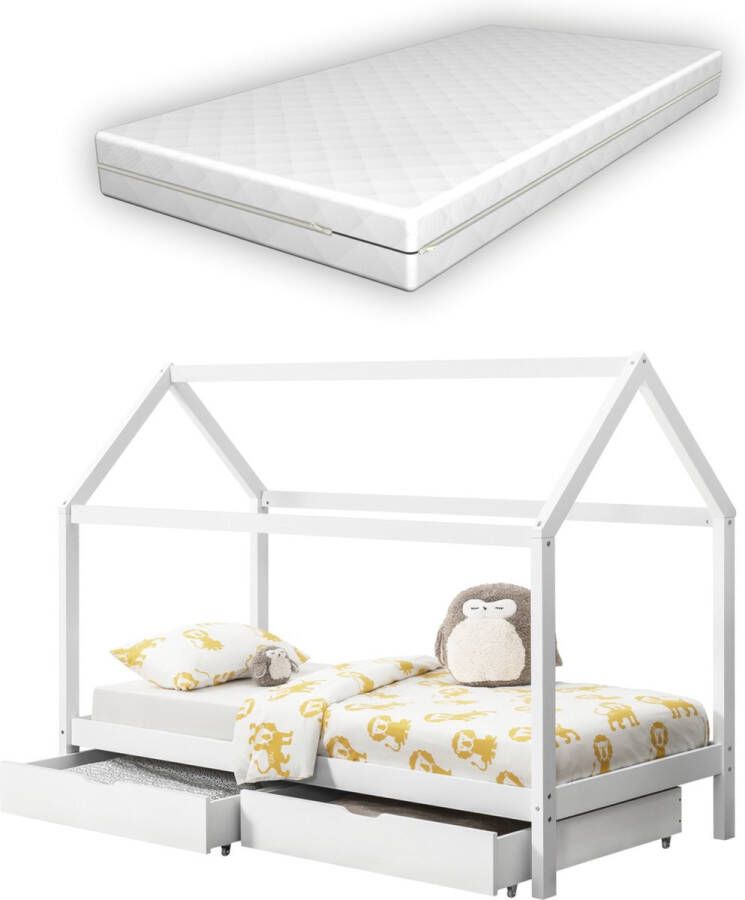 en.casa Kinderbed met 2 lades en matras huisbed 200x90 cm wit