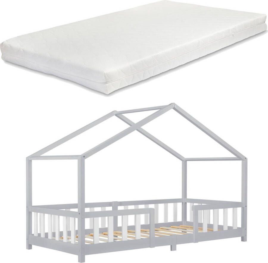 en.casa Kinderbed Treviolo met matras 90x200 cm lichtgrijs en wit