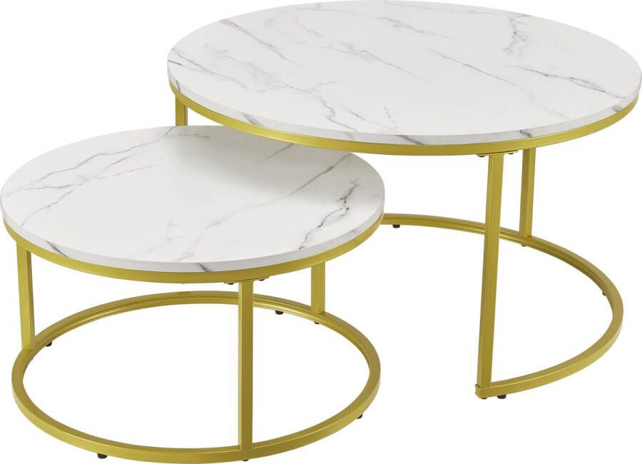 En.casa Salontafel Estergom rond set van 2 marmerlook wit en goudkleurig