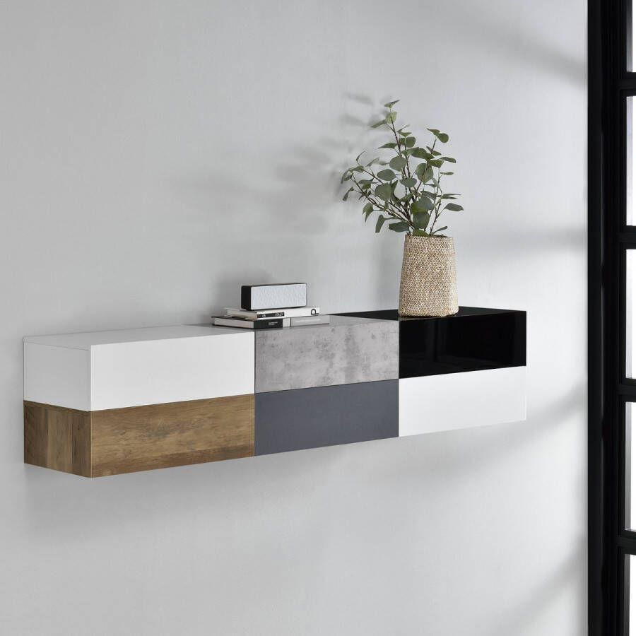 En.casa Wandplank met lade set van 6 zwart wit hout beton grijs wit mat