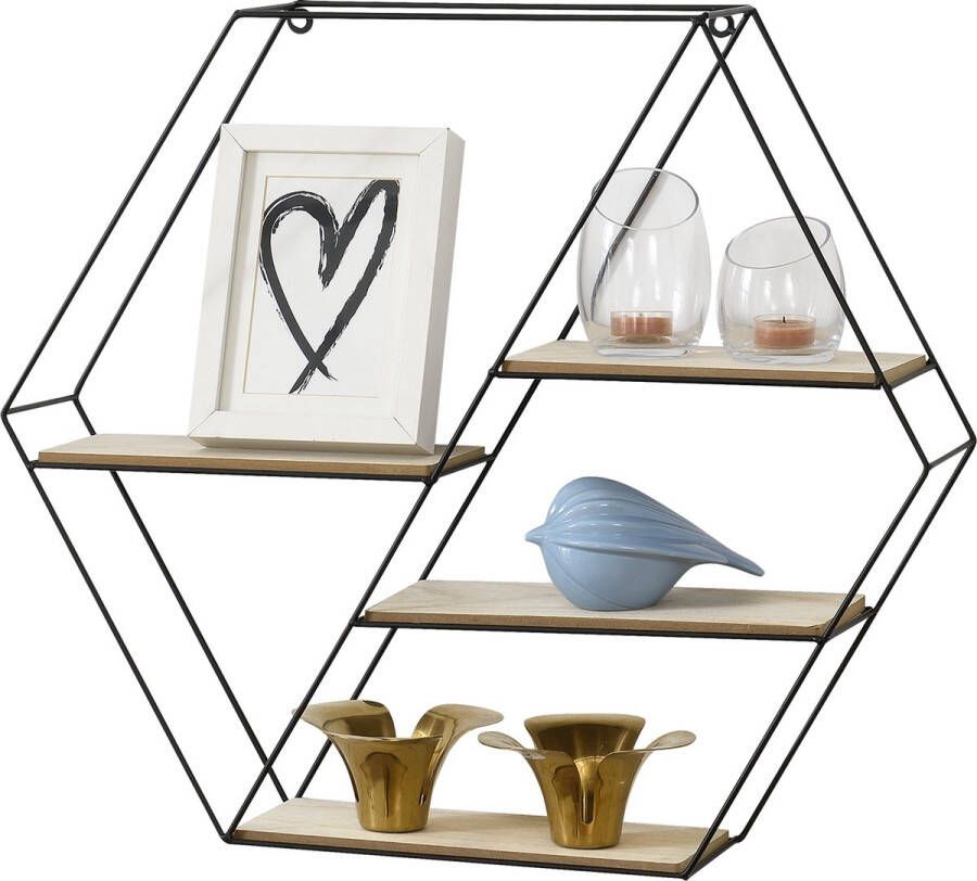 En.casa Wandrek zeshoek met 4 planken 62x12x53 cm zwart en houtkleurig