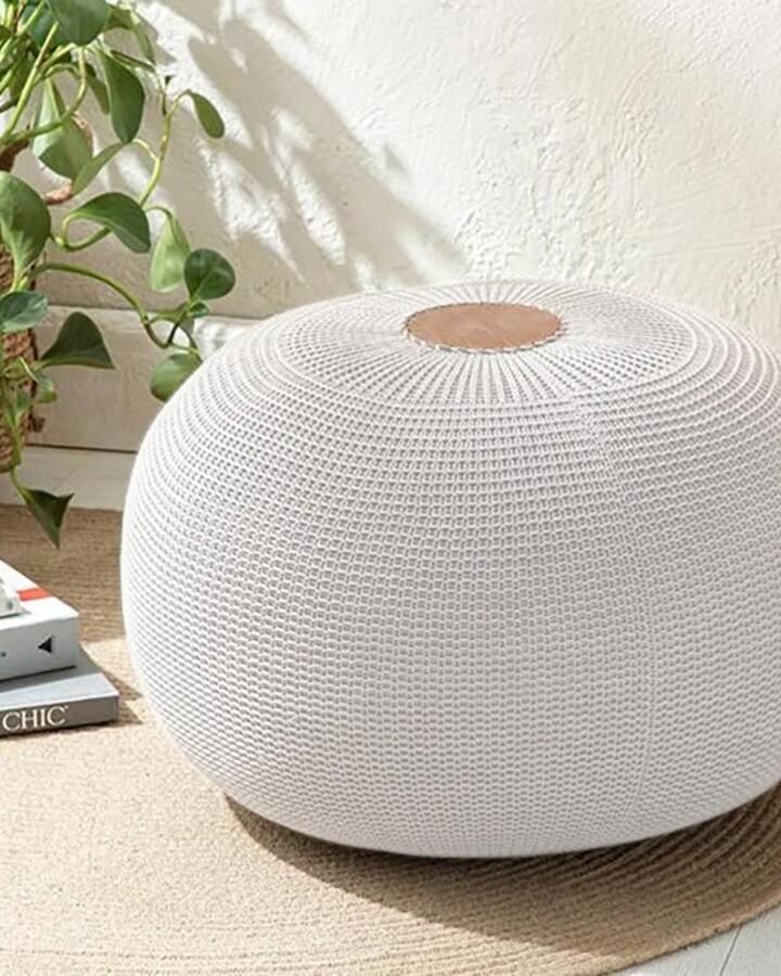 English Home Knitting Poef Handgebreide Voetenbank 37x50 cm Ecru Off White Stijlvol en Comfortabel