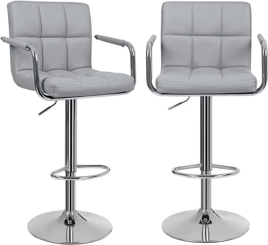 Enkilight Barkrukken- Barkrukken set van 2- Barkrukken met rugleuning- Verstelbaar- Armleuning- Voetensteun- In hoogte verstelbare 62 tot 82 cm- Keukenstoel- Industrieel- Barstoelen- Barstoel Kruk- Grijs- Met zilveronderstel- 360°- Bistro kruk