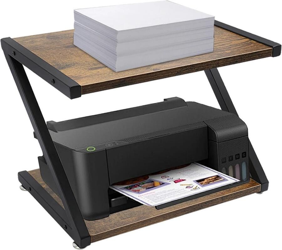 Enkilight Printer tafel- Printerstandaard- Tafel voor printer- Printer meubel- 2-Tier Desktop Printerkast- Scanner- Kopieerhouder en Bureauorganizer Z-vormig- 44 5x 28 x 29 cm- Kantoorkast- printer bureau industrieel- Zwart\Bruin