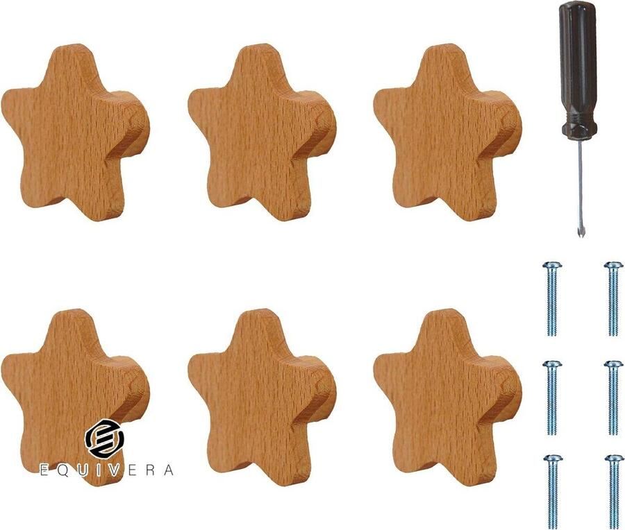 Equivera 6 stuks kastknoppen ster hout design lade handgrepen voor huis keuken slaapkamer kledingkast