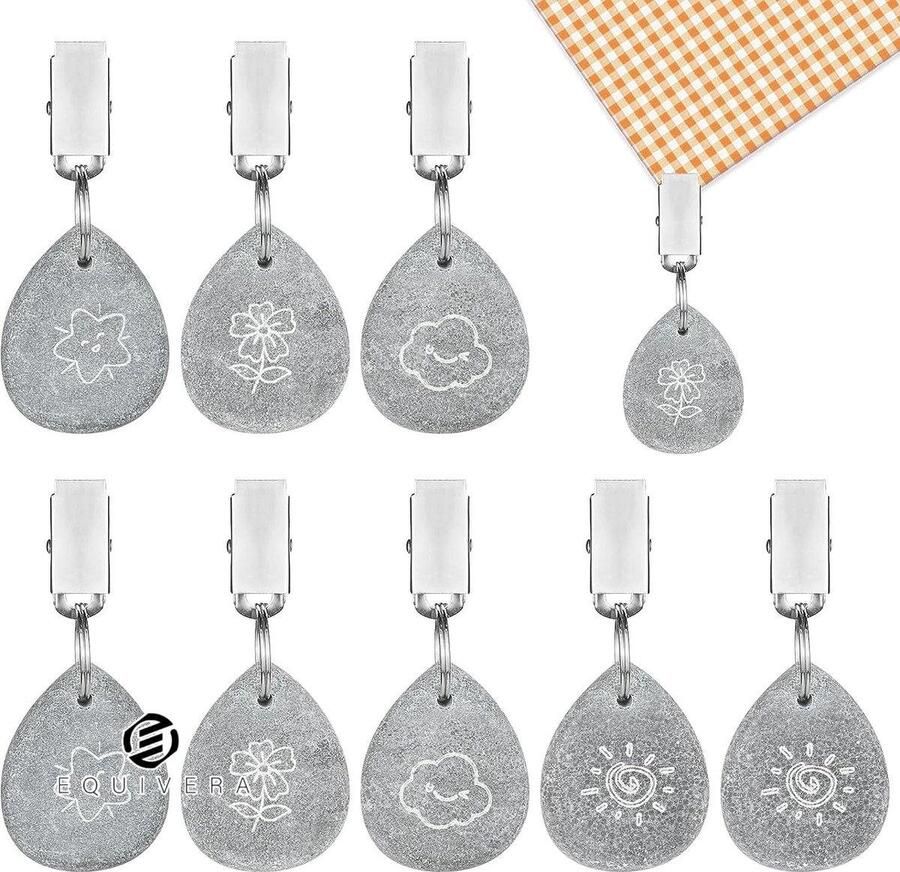 Equivera 8 stuks tafelkleedgewichten natuursteen met klem marmer tafelkleed gewichten tafelkleedgewichten met opdruk tafelkleden klemmen voor picknicks feesten camping bruiloften