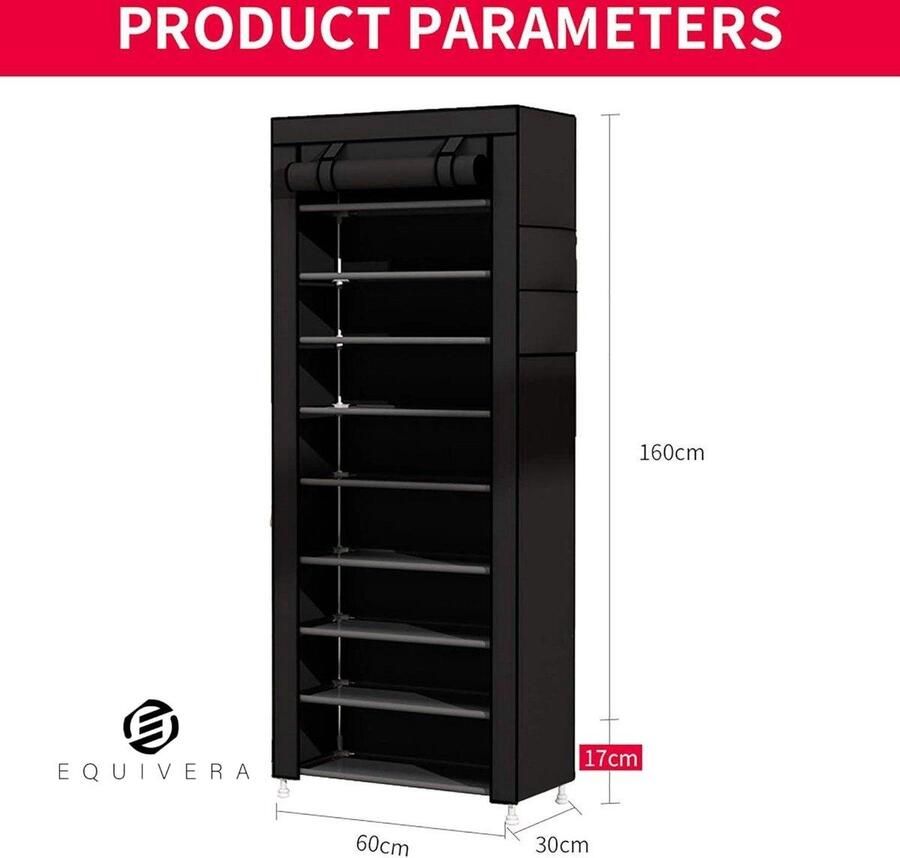 Equivera 9-laags Schoenenrek met Stofdichte Opbergruimte Zwart Schoenenorganizer met Ruimte UDEAR opbergrek inklapbaar