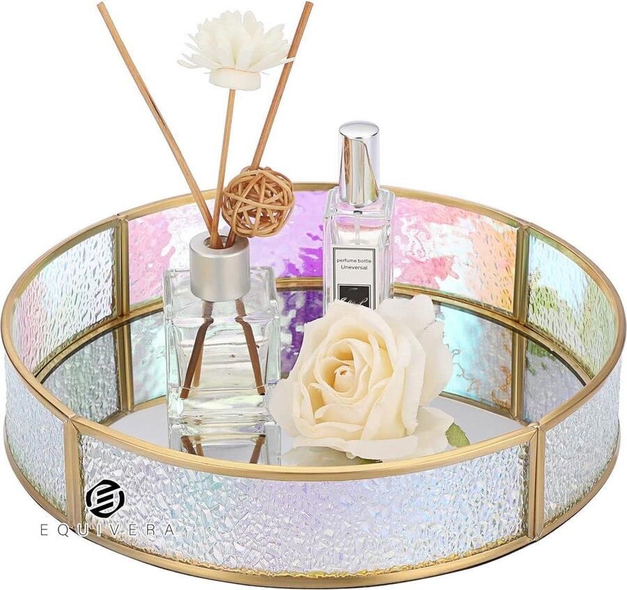 Equivera Kleurrijke ronde glazen metalen spiegelende sieradenschaal voor sieraden cosmetica parfumflesjes sieradenorganizer kaptafel slaapkamer badkamer huisdecoratie cadeau verjaardag groot