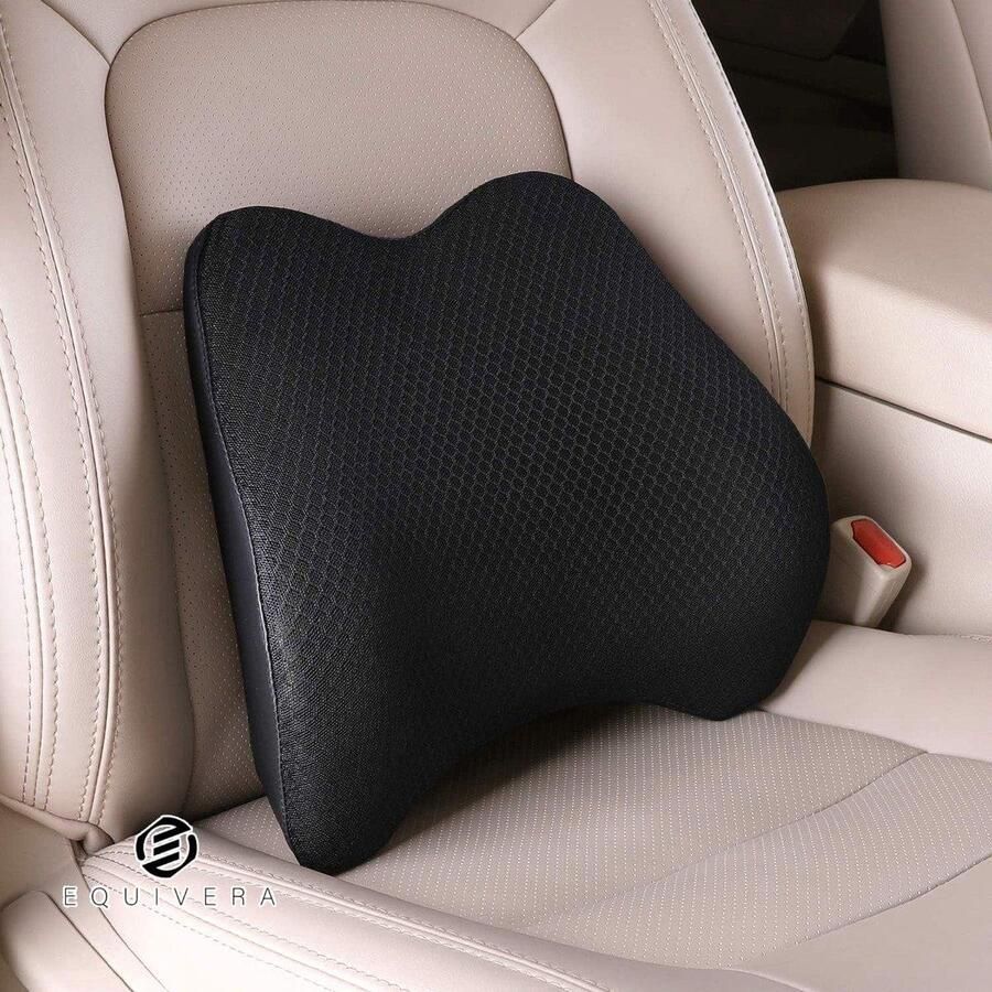 Equivera Lendensteun kussen voor autostoel Traagschuim steunkussen voor de onderrug Ideaal lendenwervelkussen voor autostoelen Bureaustoel rolstoel Zwart