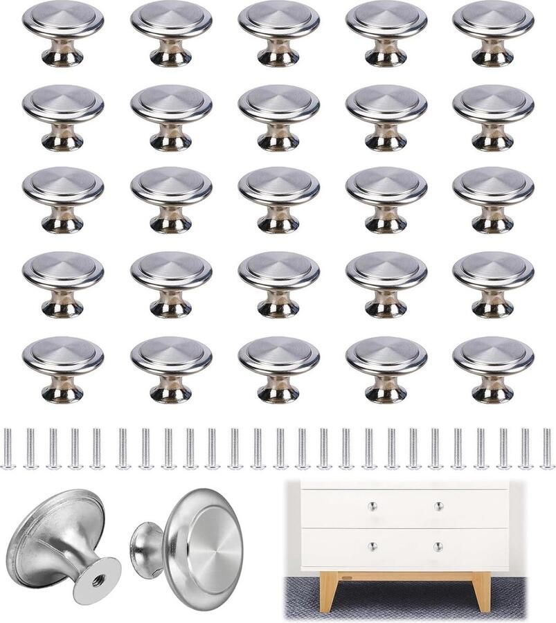Equivera Meubelknoppen zilver ladeknoppen 30 mm 25 stuks ronde deurgrepen meubelgrepen roestvrij staal met schroeven deurknop kastknoppen één gat handgrepen kast knoppen voor meubels kast laden handvat