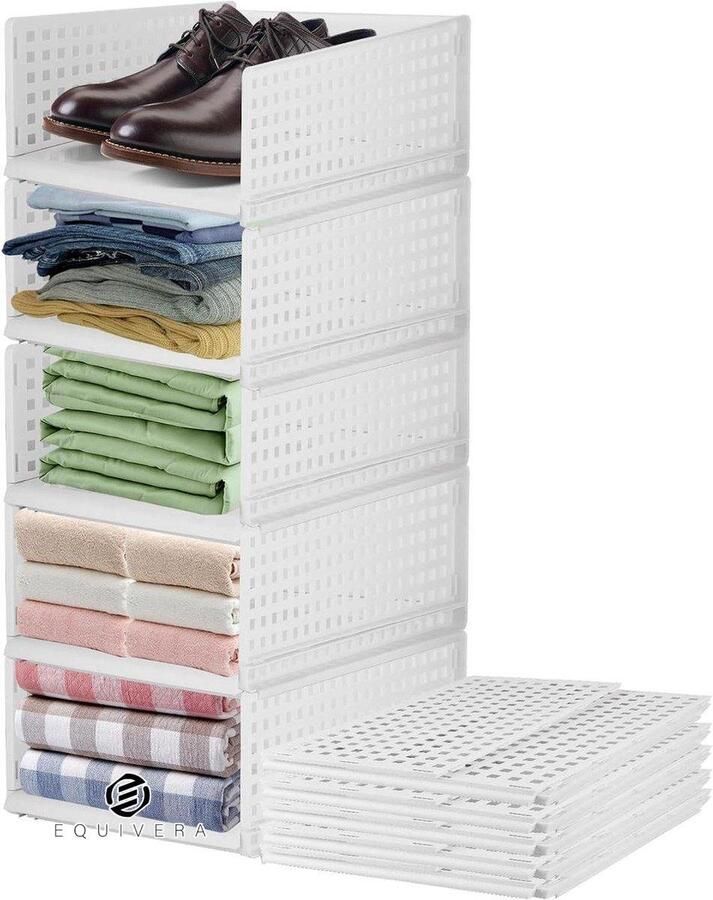 Equivera Opvouwbare kledingkastorganizer 5 stuks stapelladen plastic rek witte ladebox voor keuken en slaapkamer opbergrek inklapbaar
