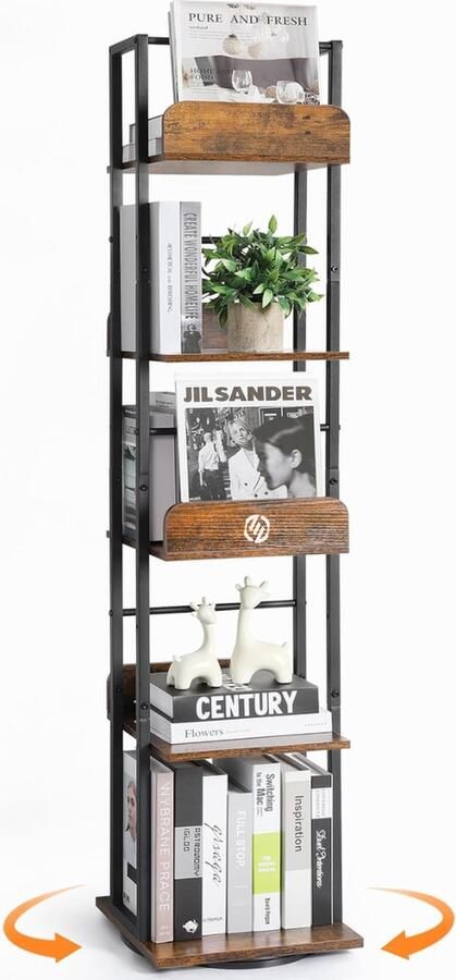 Equivera Roterende boekenkast 5-laags boekenplank roterende boekenplanktoren voor hoek vloerstaande boekenkast hoge industriële boekenplank smalle boekenplank voor woonkamer thuiskantoor rustieke boekenplank en metaal
