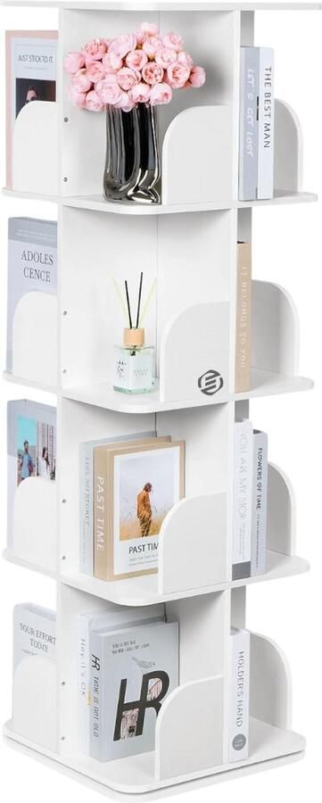 Equivera Roterende boekenkast Draaibare boekenkast 4 verdiepingen draaibare plank houten plank 360 graden draaibaar boeken cd dvd opbergrek vierkant houten opbergrek voor kinderen en volwassenen
