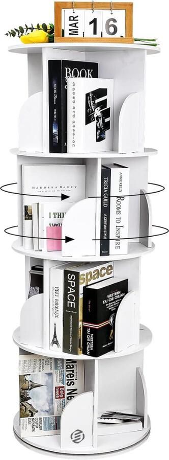 Equivera Roterende boekenkast Draaibare boekenplank met 4 compartimenten moderne 360° draaibare boekenkast voor opslag en weergave staande vloerplanken met schotten voor slaapkamer woonkamer studeerkamer kantoor wit