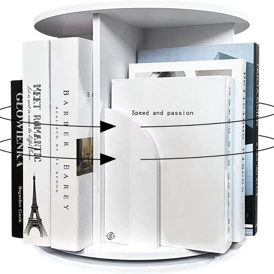Equivera Roterende boekenkast Hoge roterende boekenplank voor thuis moderne 360° roterende boekenkast voor opslag en weergave staande vloerplanken met schotten voor slaapkamer woonkamer studeerkamer kantoor wit