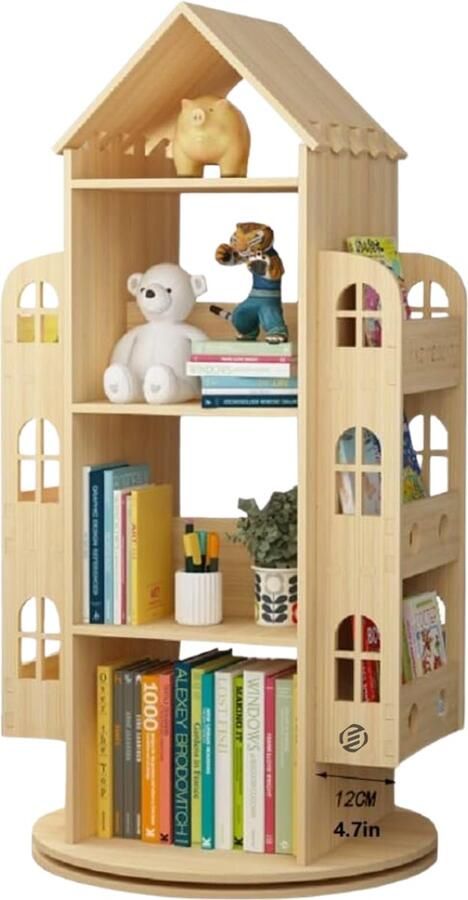 Equivera Roterende boekenkast Roterende Boekenplank 360 Display Vloerstaande Boekenkast Opbergrek voor Kinderboeken Houten Boekenplank Organizer Stand voor Kinderen Opslag Boekenvitrine Boekenrek