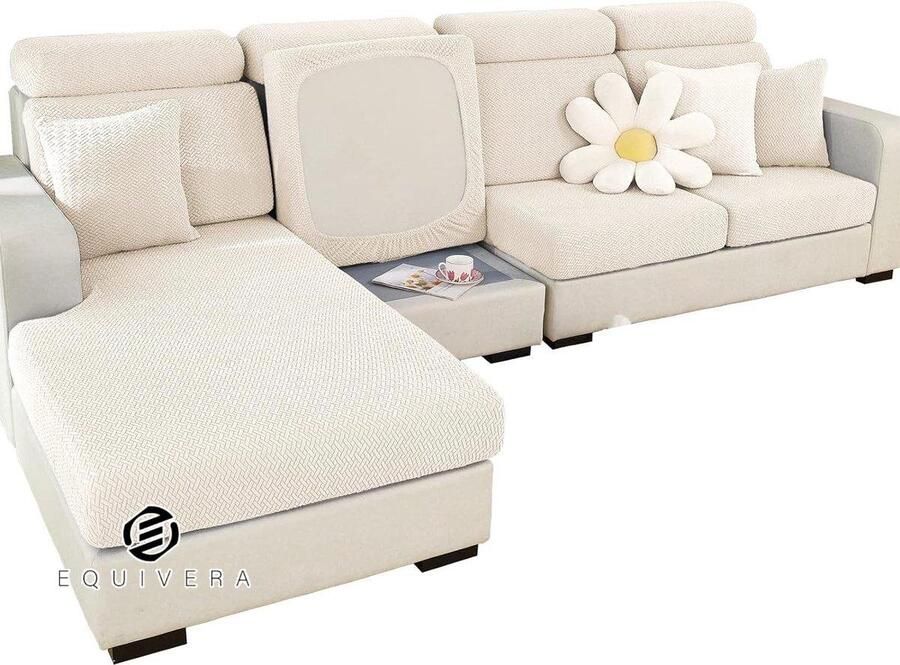 Equivera Super Stretch Bankhoes 1 2 3 4 ZZits L-Vorm Slijtvaste Spandex Hoekbankhoes Antislip Bankkussenovertrekken met Elastische Onderkant Ideaal voor Kinderen en Huisdieren (Wit 2 Zits)