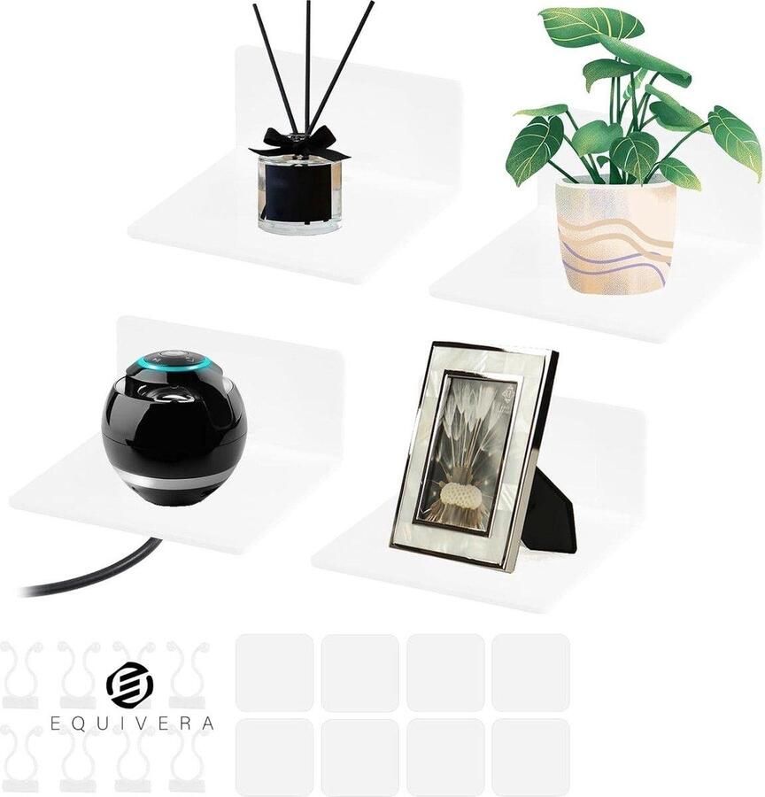 Equivera Wandrek zonder boren set van 4 zwevende wandplanken wit acryl wandrek met 8 koordclips badkamer zwevende planken 10 cm klein wandrek voor woonkamer keuken slaapkamer