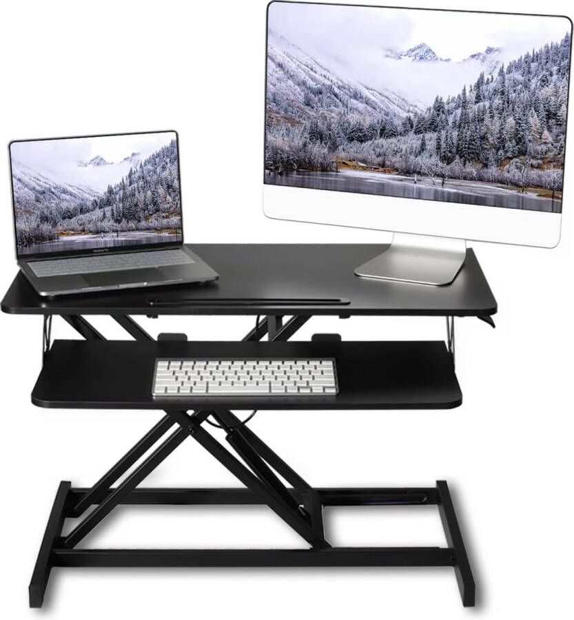 ERGOMAKER In hoogte verstelbare staande bureau converter 81cm breed Platform tafelblad werkstation snel zitten om te staan Desk Riser voor Dual monitoren Zwart