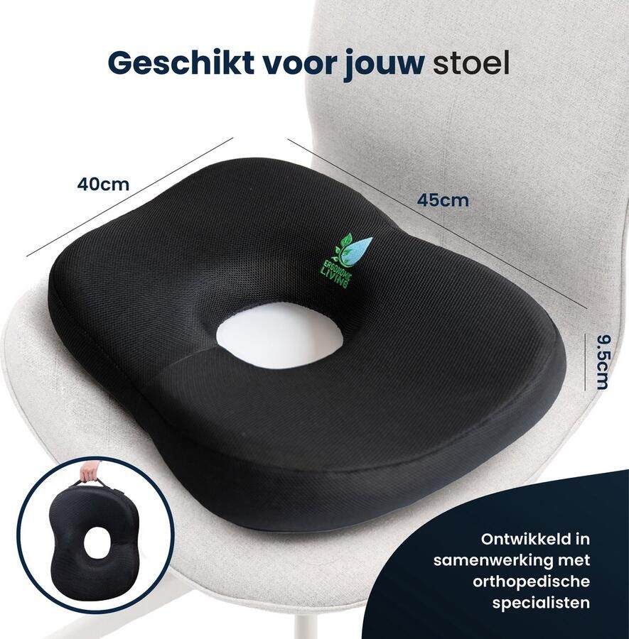 Ergonomic Living Orthopedisch Stuitbeenkussen Donut Gel Zitkussen met Extra Dikke Geltechnologie – Wigkussen met Antislip Hoes – Verlicht Rugpijn Aambeien en Doorligwonden – Geschikt voor Bureaustoelen Autostoelen Rolstoelen en Zwangerschap