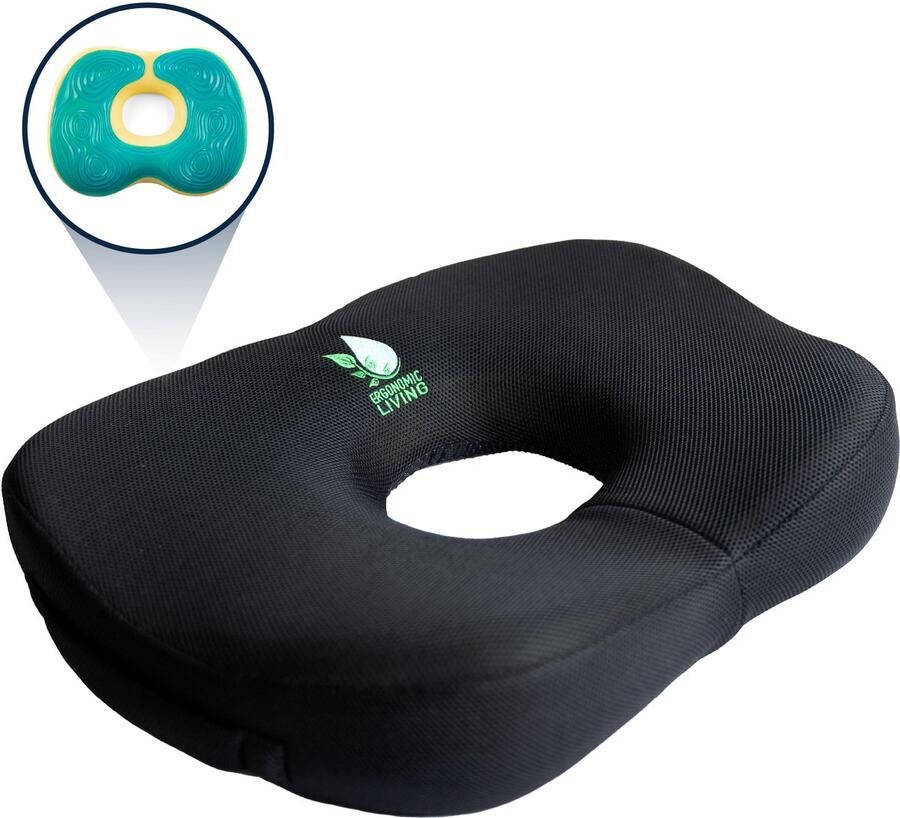 Ergonomic Living Orthopedisch Stuitbeenkussen Donut Gel Zitkussen met Extra Dikke Geltechnologie – Wigkussen met Antislip Hoes – Verlicht Rugpijn Aambeien en Doorligwonden – Geschikt voor Bureaustoelen Autostoelen Rolstoelen en Zwangerschap - Foto 2