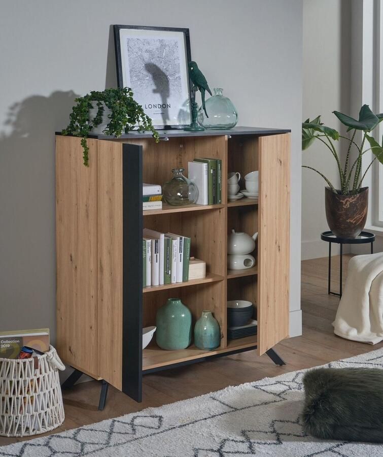 Ervesto 110x125x40 cm MDF dressoir in eiken decor zwart ladekast met 2 deuren Ladekast met plank Gangkast modern Vrijstaand dressoir met metalen poten