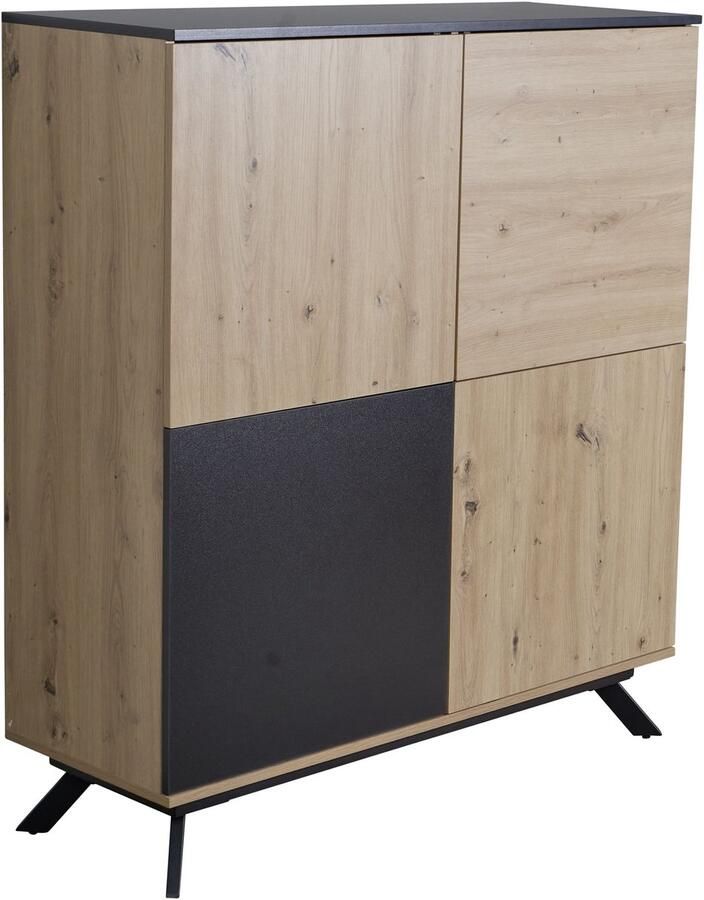 Ervesto 110x125x40 cm MDF dressoir in eiken decor zwart ladekast met 4 deuren Dressoirkast halkast modern Vrijstaand dressoir met metalen poten