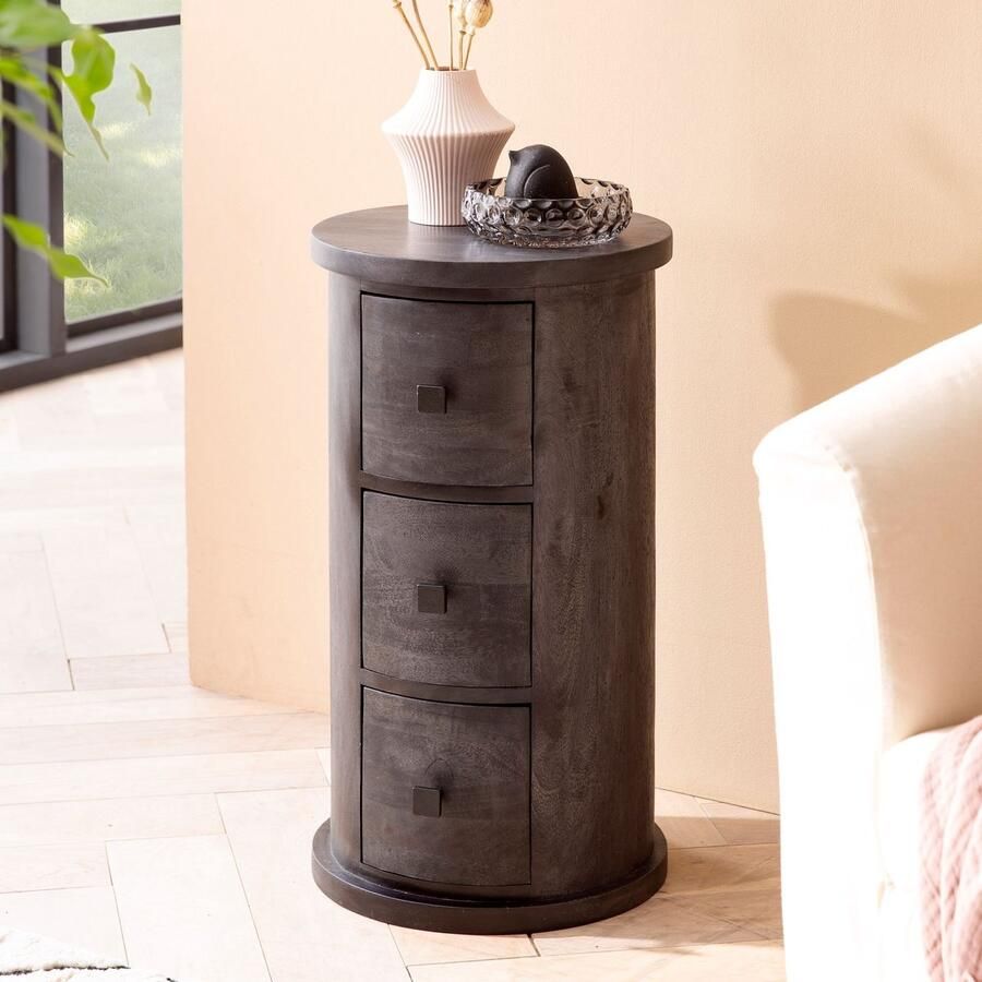 Ervesto Design Dressoir Mango Massief Hout Zwart 34x65x34 cm Kast met 3 laden Smalle zijkast massief Mini ronde ladekast