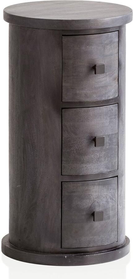 Ervesto Design Dressoir Mango Massief Hout Zwart 34x65x34 cm Kast met 3 laden Smalle zijkast massief Mini ronde ladekast