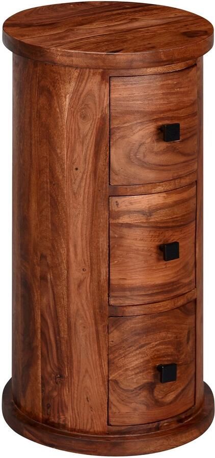 Ervesto design dressoir sheesham massief hout 35x65x35 cm Kast met 3 lades Smalle zijkast massief Mini dressoir rond