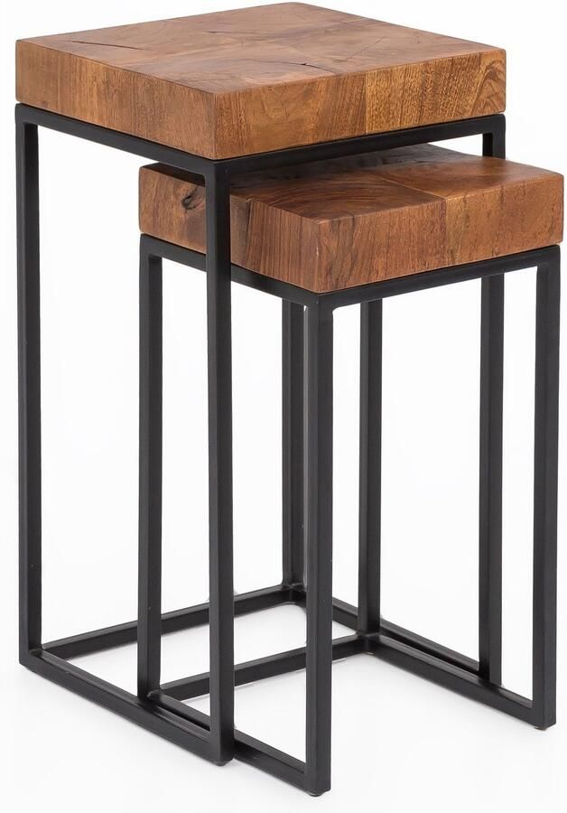 Ervesto Design nesttafel WL5.660 Sheesham metalen bijzettafel set van 2 kleine Koffietafel Set 2 houten tafels Massief houten koffietafel metalen frame Smalle salontafel van palissander