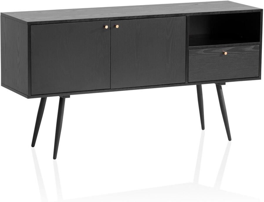 Ervesto dressoir 140x75x40 cm ladekast zwart met eiken decor tijdloos hoge ladekast staande kast woonkamer met 2 deuren en lade dressoir met open vak