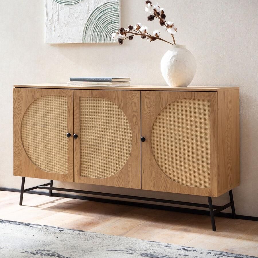 Ervesto Dressoir 140x80x39 cm ladekast eiken decor met rotanweefsel moderne hoge ladekast staande kast met 3 deuren dressoir woonkamer