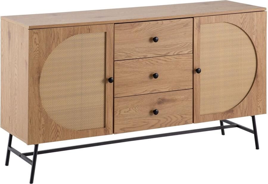Ervesto dressoir 140x80x40 cm ladekast eiken decor met rotanweefsel moderne hoge ladekast staande kast met 2 deuren en 3 laden dressoir woonkamer