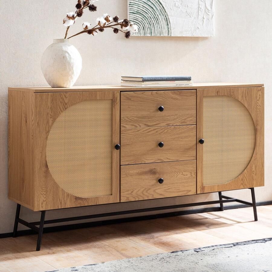 Ervesto dressoir 140x80x40 cm ladekast eiken decor met rotanweefsel moderne hoge ladekast staande kast met 2 deuren en 3 laden dressoir woonkamer