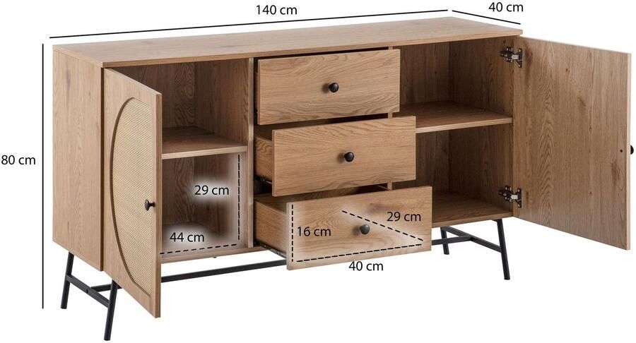 Ervesto dressoir 140x80x40 cm ladekast eiken decor met rotanweefsel moderne hoge ladekast staande kast met 2 deuren en 3 laden dressoir woonkamer - Foto 3