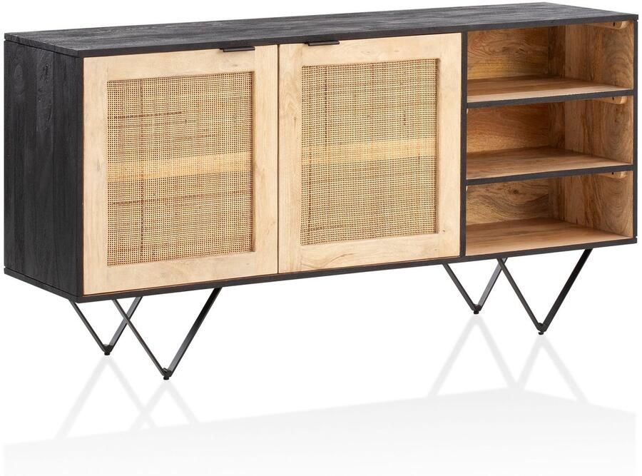 Ervesto dressoir 145x75x40 cm mango massief hout rotan ladekast met 2 deuren Hoge ladekast zwart bruin Staande kast woonkamer met plank Rieten dressoir