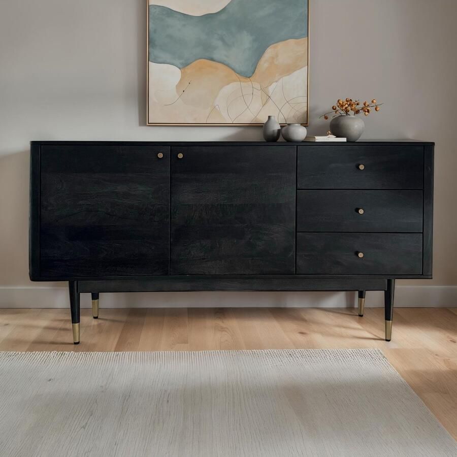 Ervesto Dressoir 160x81x42 Cm Acacia Massief Hout Ladekast Zwart Met Goudkleurige Accenten Modern Design Handgemaakt