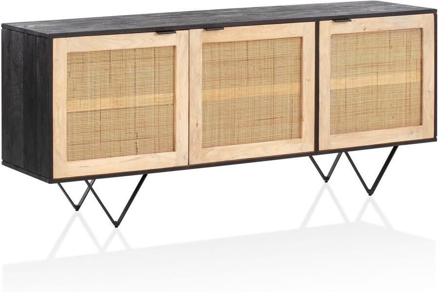 Ervesto dressoir 175x75x45 cm mango massief hout rotan ladekast met 3 deuren Hoge ladekast zwart bruin Staande kast woonkamer Rieten dressoir